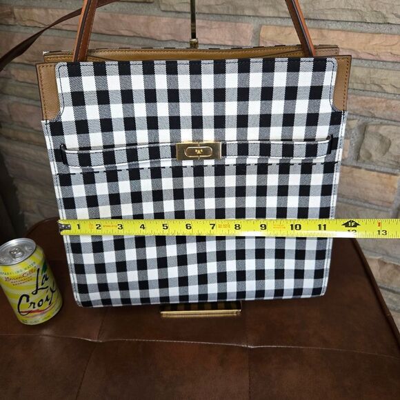 🐢 Tory Burch Black/White Checkered Canvas Lee Radziwill Top Handle Bag - Picture 5 of 17